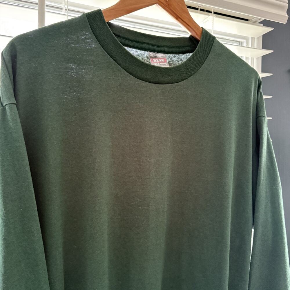 Vintage 1990s Thin Blank Green T-Shirt Men's Size XL 50/50 Blend Long Sleeve